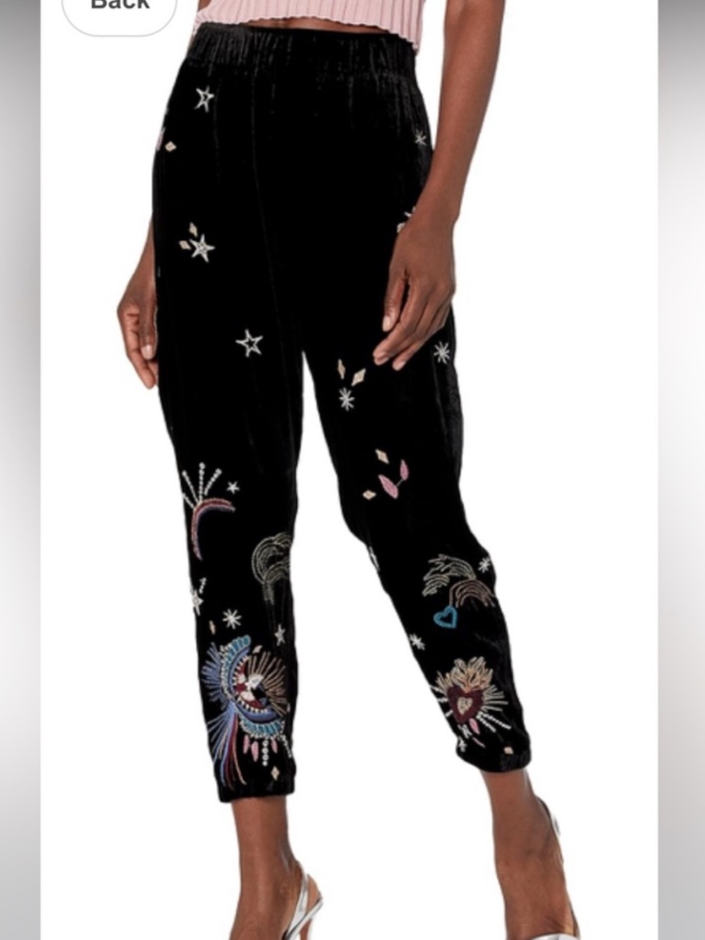 Johnny Was Victoria Velvet Silk Embroidered Joggers in Black - Picture 1 of 9